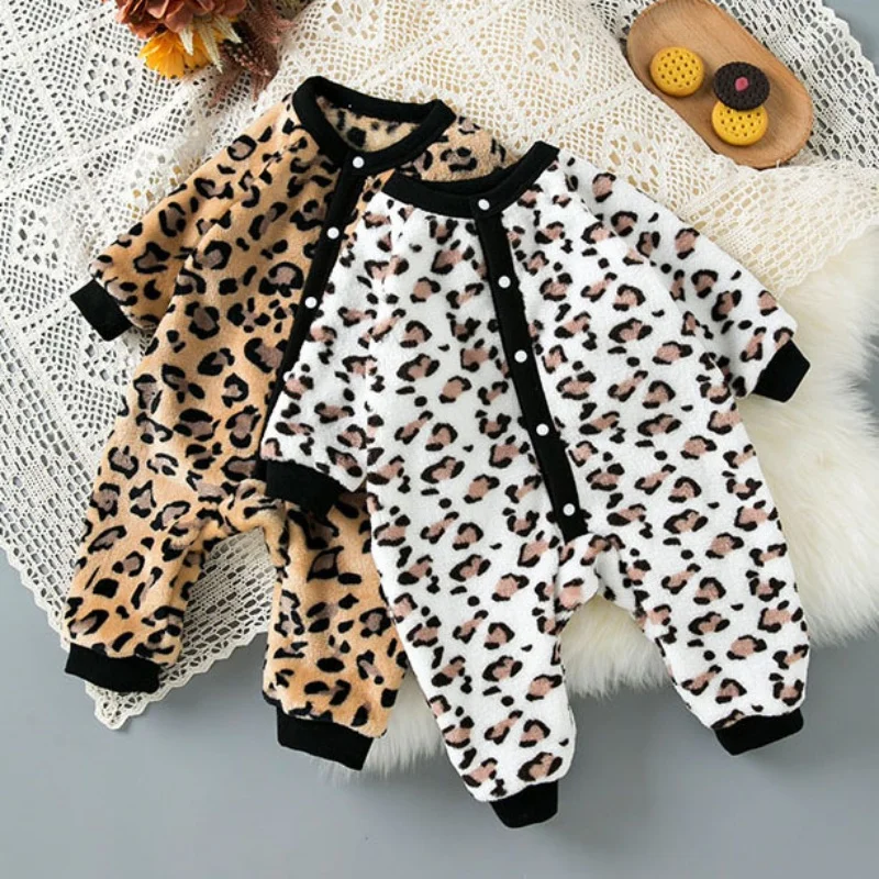 Fall Winter Baby Boys Girls Bodysuit Fashion Leopard Print Warm Padded Rompers Infant Casual Cute Jumpsuits Homewear Xmas Wear