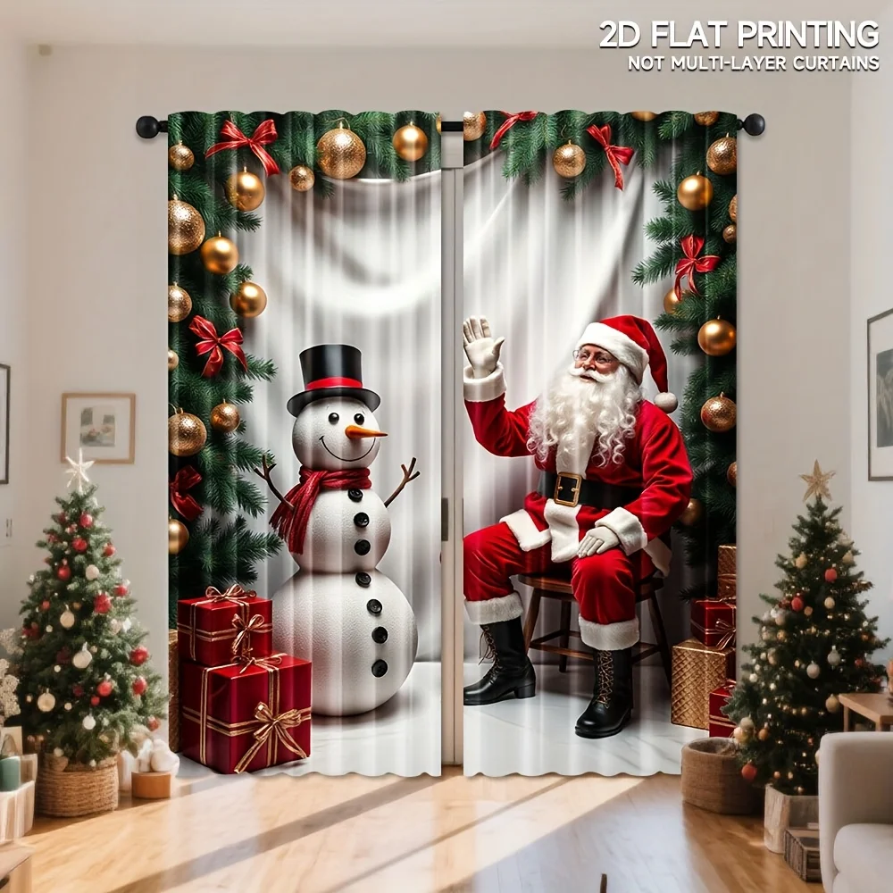 Santa Claus Snowman Curtains Christmas Tree Gift Box Window Drapes Festive Holiday Decor Blackout Fabric for Living Room Bedroom