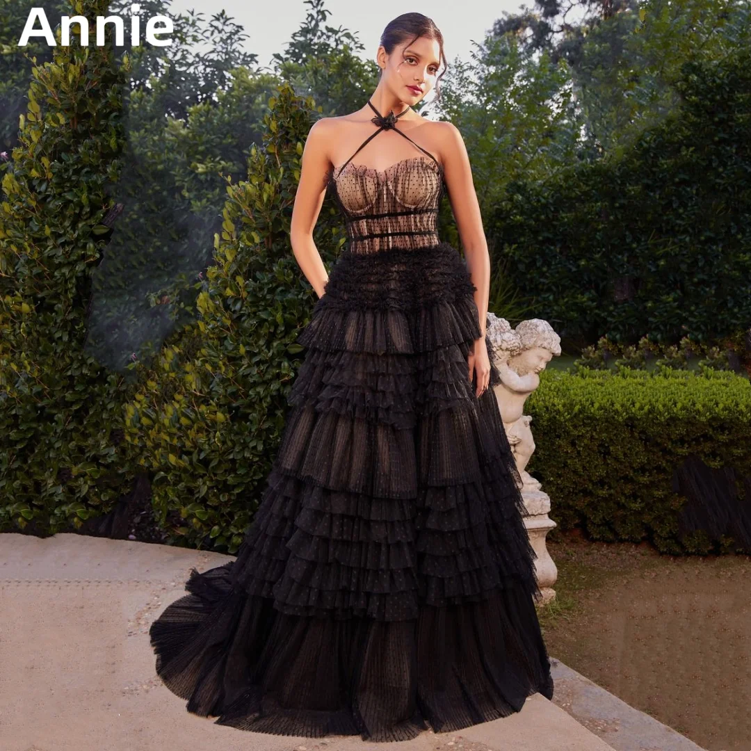 

Annie Sexy Halter Neck Prom Dresses Black Tulle Multi-layered Graduate Prom Dress Princess Party Dresses 2024Vestidos De Fiesta