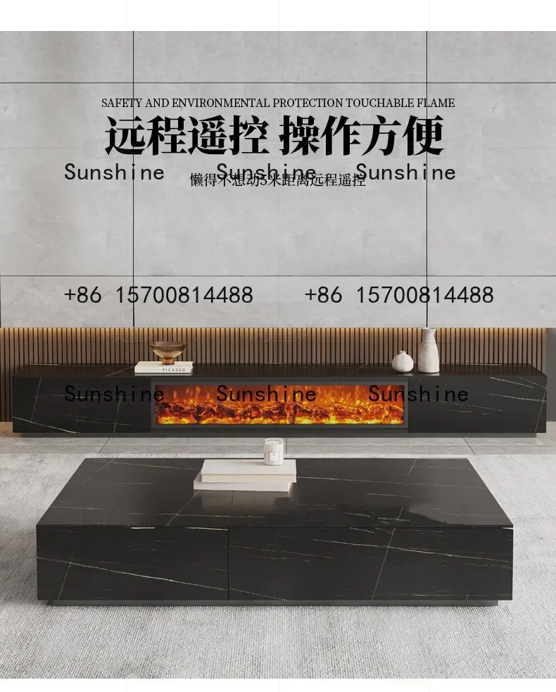 Solid wood rock slab fireplace TV cabinet Simple solid wood white black simulated flame TV cabinet