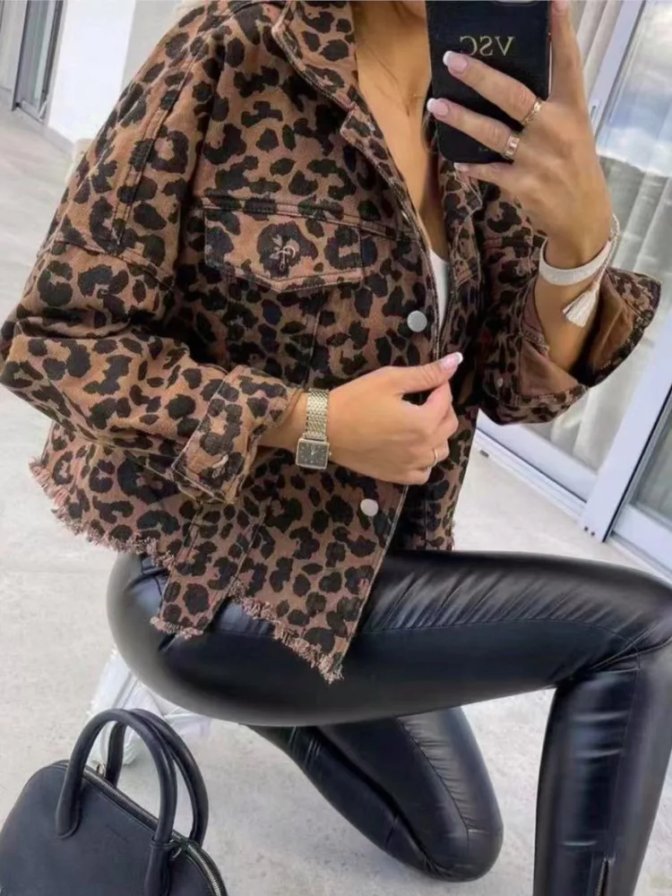 2025 Spring New Arrival Woman Vintage Leopard Denim Jacket Autumn Fashion Loose Leopard Print Coats Office Lady Women's Clothing