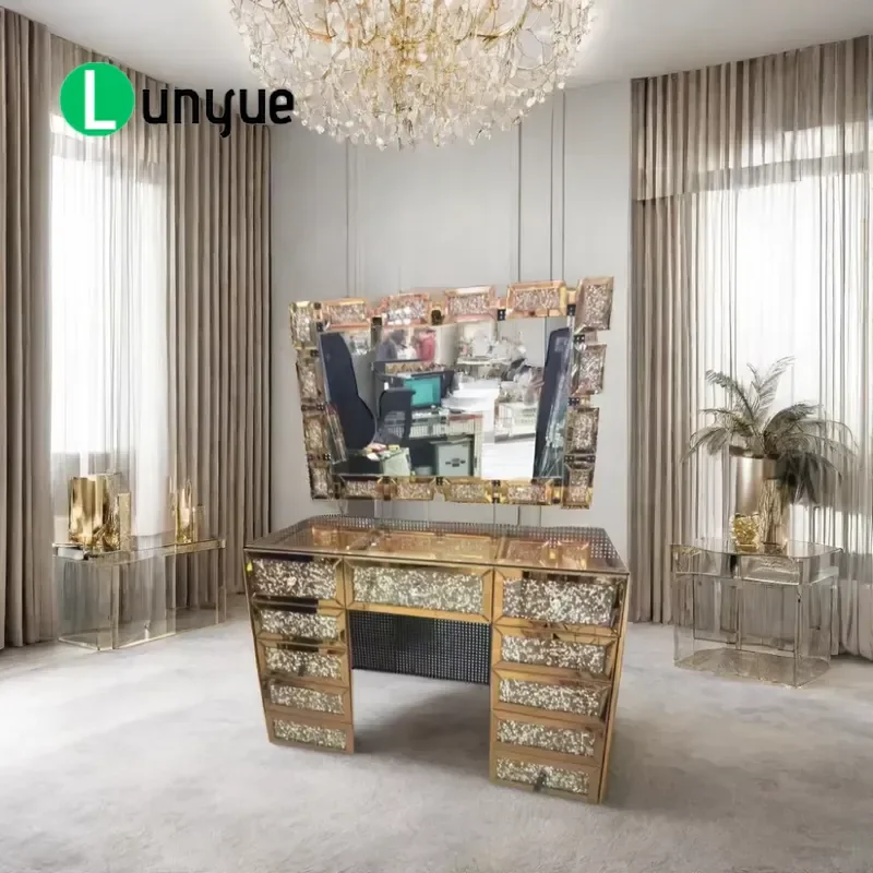 Modern Gold Crushed Diamond Dressing Table with 11 Drawers and Mirror Simple Panel Style Bathroom Vanity Furniture for Home