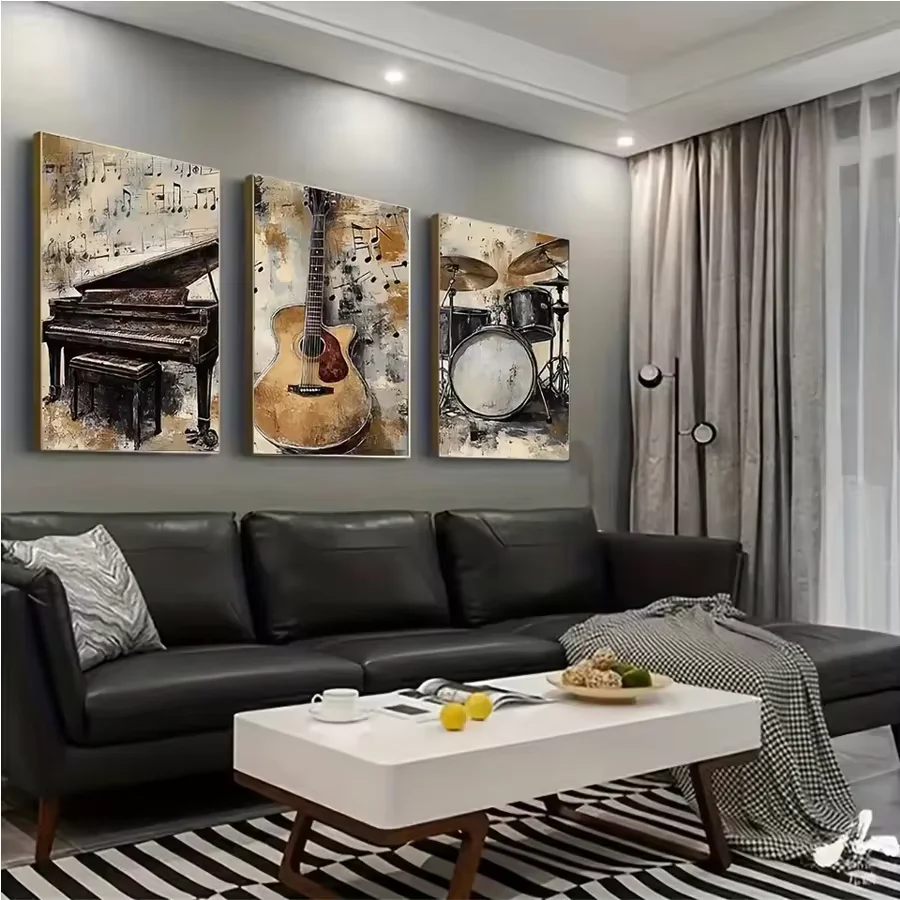 DIY Diamond Painting Kits Vintage Musical Instrument 3pcs Set Retro Piano Guitar and Drum 5D Full Mosaic Embroidery Hobby Decor