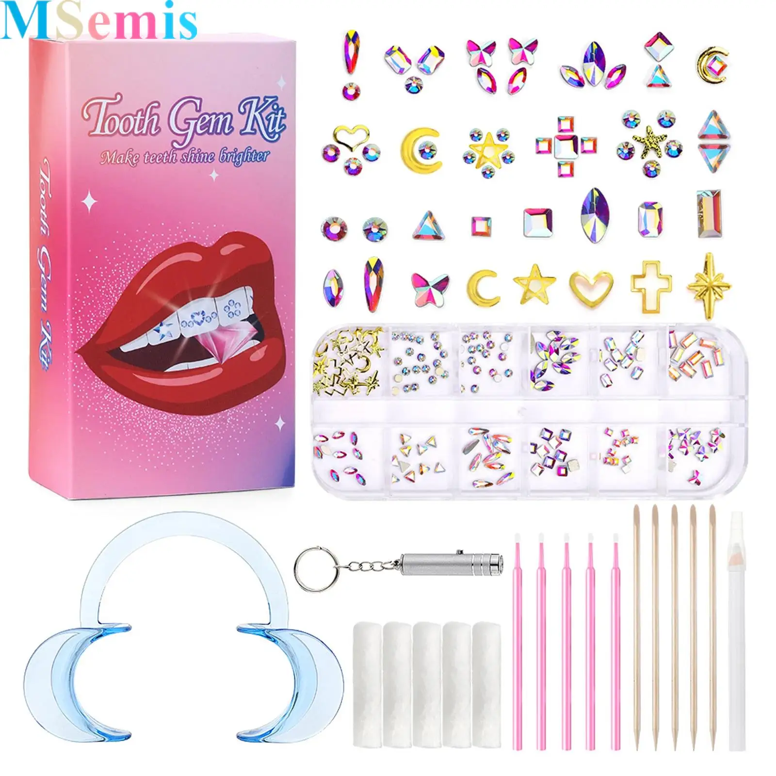 

Tooth Rhinestones Kit DIY Jewelry Dental Shiny Teeth Set with Applicator Sticks Dot Drill Pen Cotton Sticks Or Dental Decor Glue