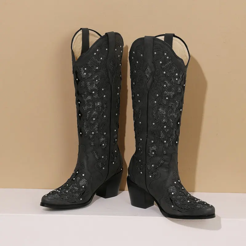 Embroidered Sequined Western Cowboy Boots Slip-On Thick Heel Large Knee-High Women Botines Vintage Mid-Calf Botas Femininas