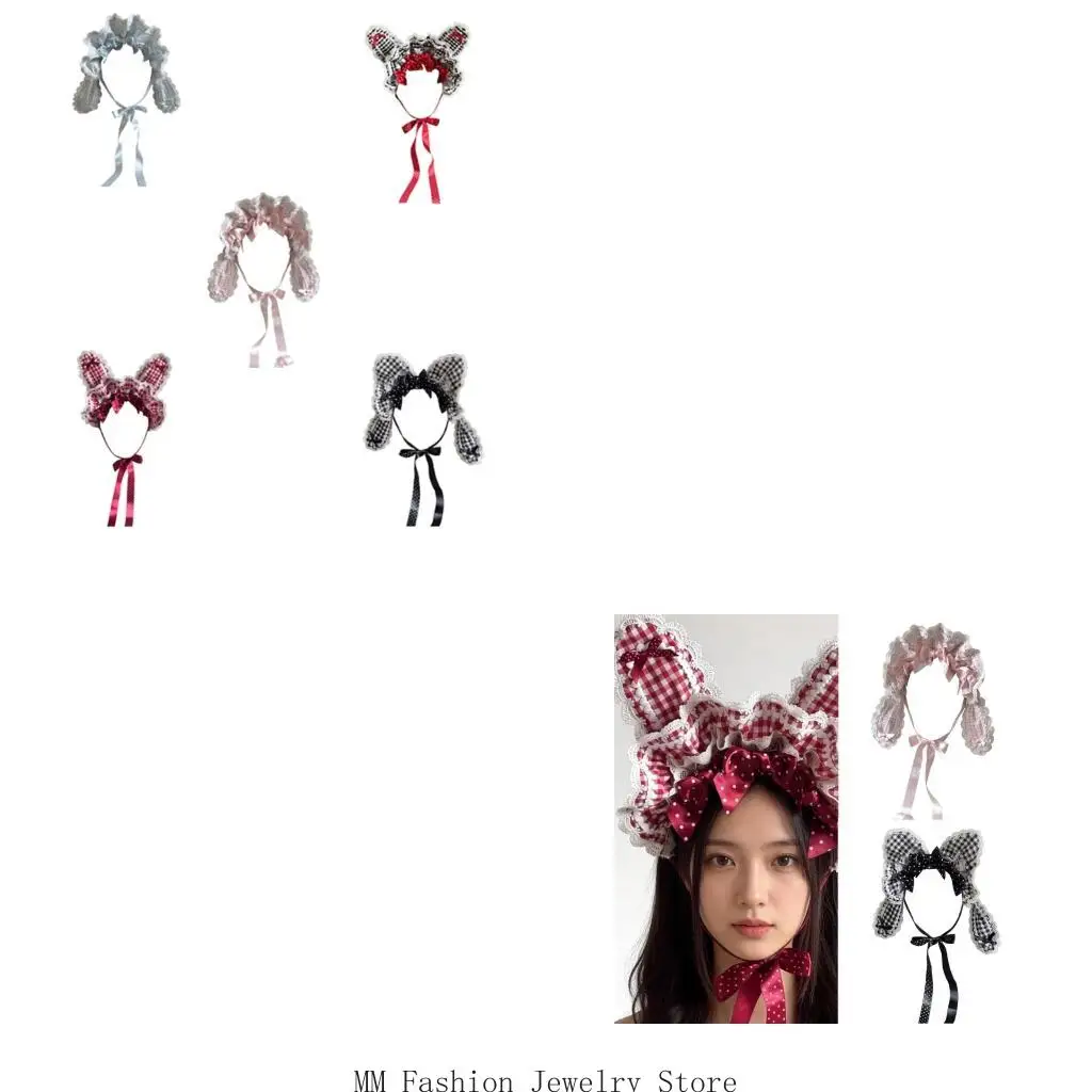 

Lovely Unisex Bunnies Ear Headbands Check Pattern Rabbits Ears Hairband With Secure Tie for Role Play and Daily Wear D0UB