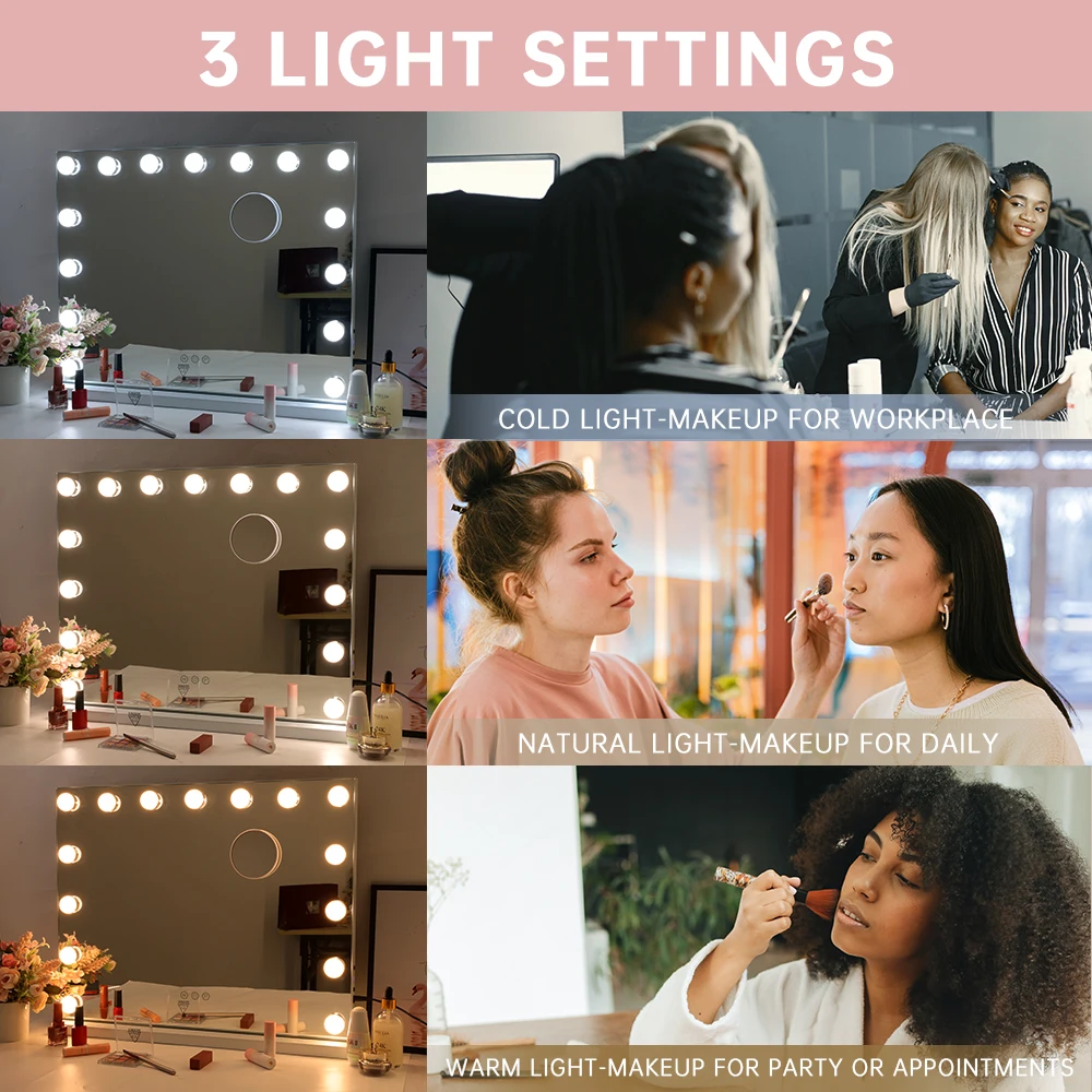 FENCHILIN Vanity Mirror with Lights Hollywood Lighted Makeup Mirror with 15 Dimmable LED Bulbs for Dressing Room Tabletop