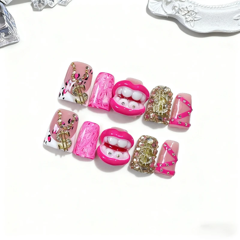 10 قطعة الصحافة اليدوية على الأظافر Y2K الشرير نمط ثلاثية الأبعاد الأسنان الشفاه تصميم منقار البط شكل شخصية الأظافر كاذبة للأزياء النساء