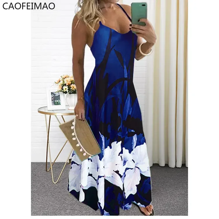 2023 Donne Casual Scollo A V Cinghie di Spaghetti Stampa Floreale Abito Lungo Estate Sexy Boho Orlo Grande Sling Maxi Abiti Robe Femme