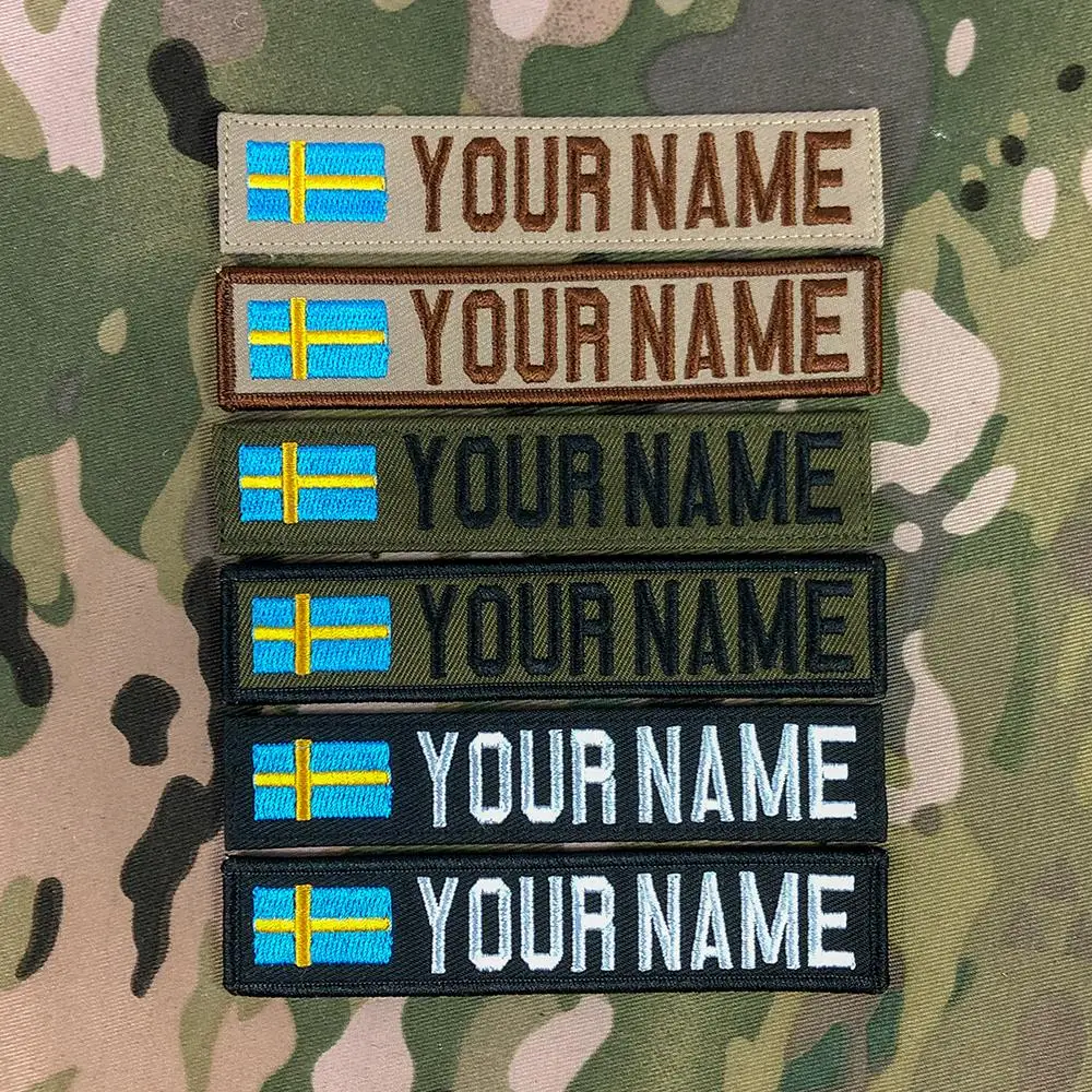 Custom Name Tape Sweden Flag Embroidery Patch Hook And Loop Multicam Green ACU Black  Tan