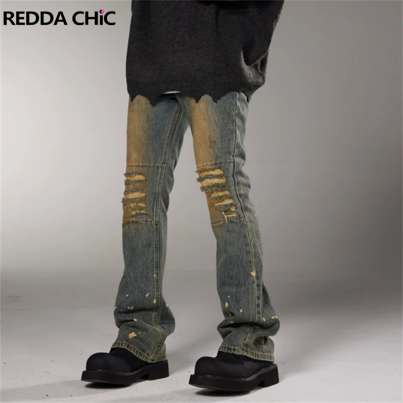 

ReddaChic Splash Ink Destroyed Flare Jeans for Men Vintage Wash Trousers Frayed Casual Low Rise Bootcut Pants Y2k Streetwear