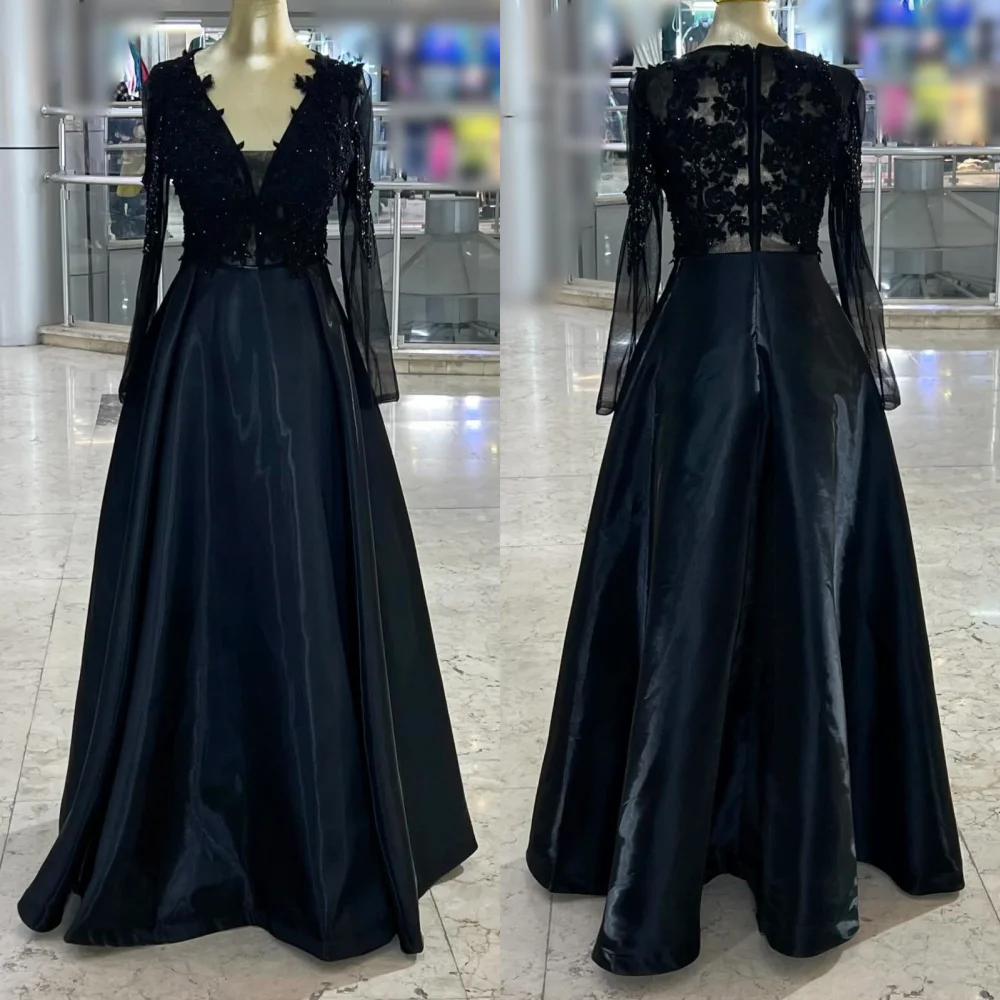 Customized V-neck Applique Pleat A-line Classic Black Long Dresses Bespoke Occasion Women's Evening Dress Prom Elegant Party
