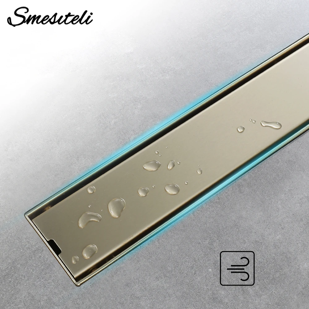 

Brushed Gold Floor Drain Linear Shower Drain Stainless Steel Tile Insert 60-90CM Deodorize rustproof Bathroom Accessories
