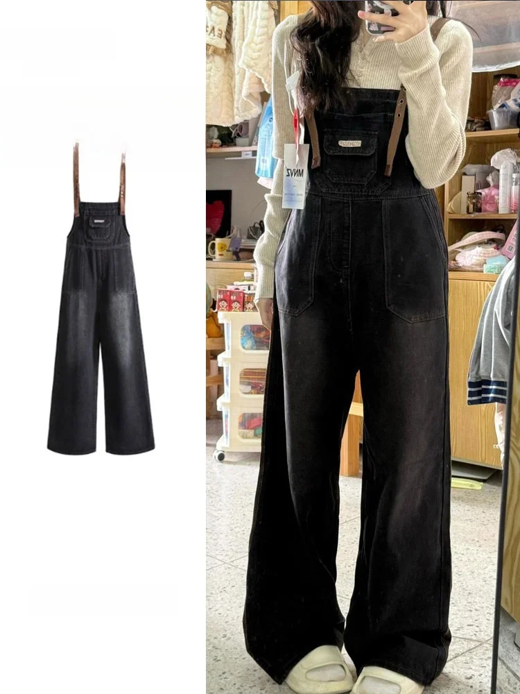 

plus Size American Retro Washed Black Denim Overalls Women Spring Autumn New Small Size Slim Loose Wide Leg Pants