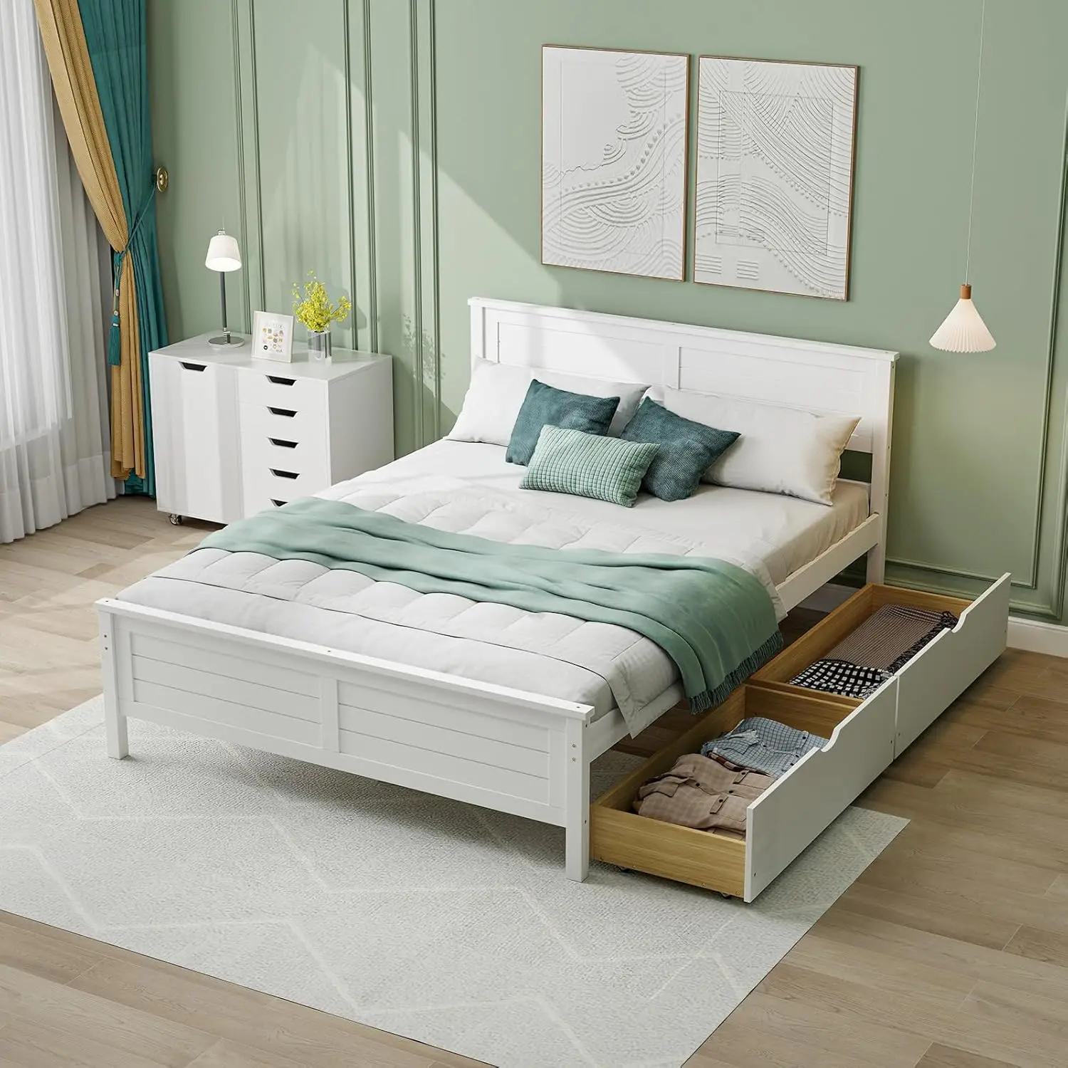 

Wood Full Size Bed Frame with 2 Storage Drawers, Solid Wood Platform Bed with Headboard, Wooden Slats Mattress Foundatio