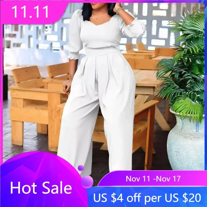 

Women's Loose-Fit Wide Leg Jumpsuit with Long Sleeves - Solid Color Overall