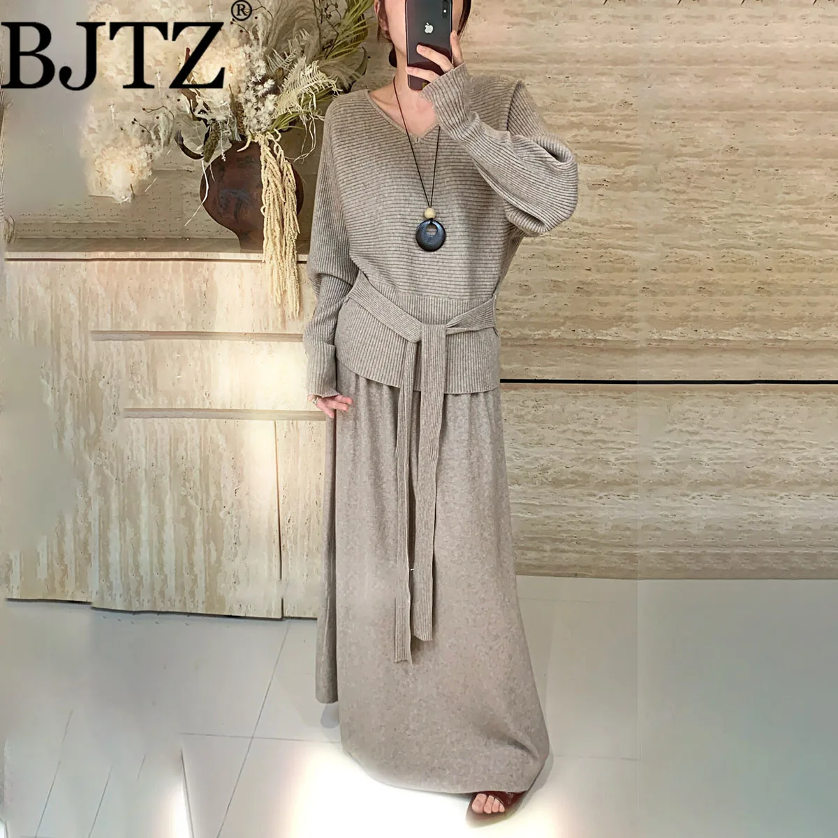 

BJTZ 2025 Women’s V-Neck Belted Oversized Knit Sweater Cozy Fall Winter Thermal Loose Fit Lounge Outfits