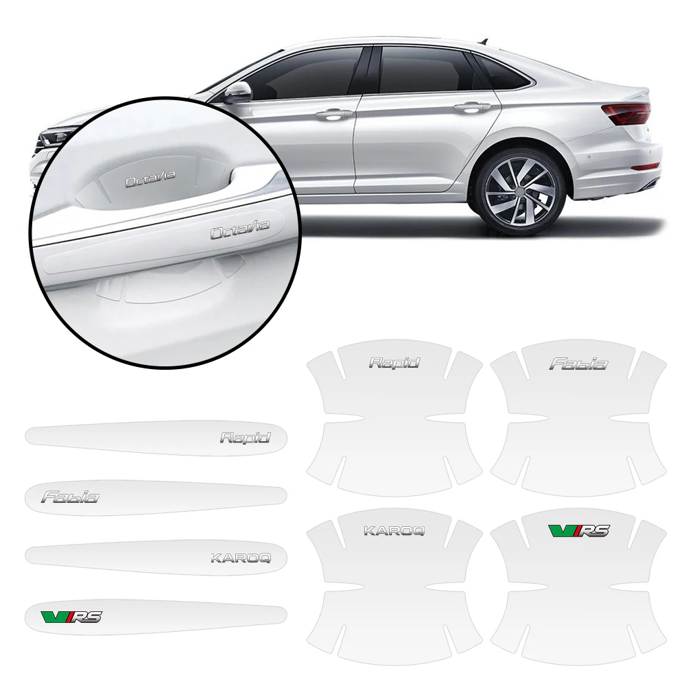 8PCS Anti Scratches Car Door Handle Cup Transparent Protector Sticker Film For Skoda Rapid Fabia 1 2 Karop Kamiq Superb Octavia