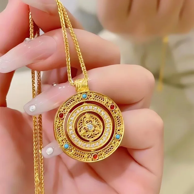 24k Gold 9999 Enamel And Diamond-Studded Rotating Compass Necklace Pendant Vintage Light Luxury Sweater Chain Gift