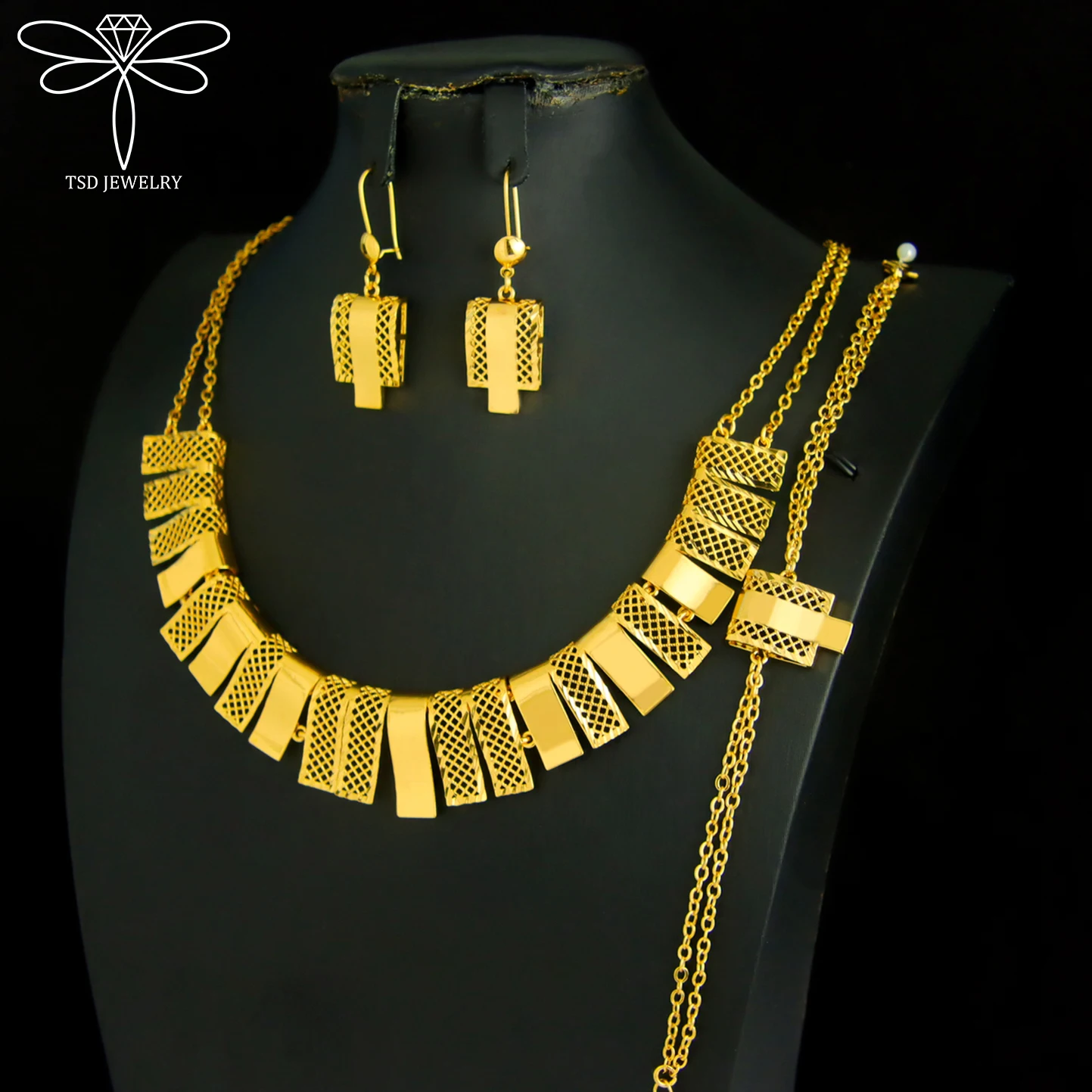 

Ethiopian Africa Bride Chain Jewelry Set 21k Gold Plated Nigeria Wedding Necklace Bracelet Earrings Dubai Muslim Vitnage Jewelry