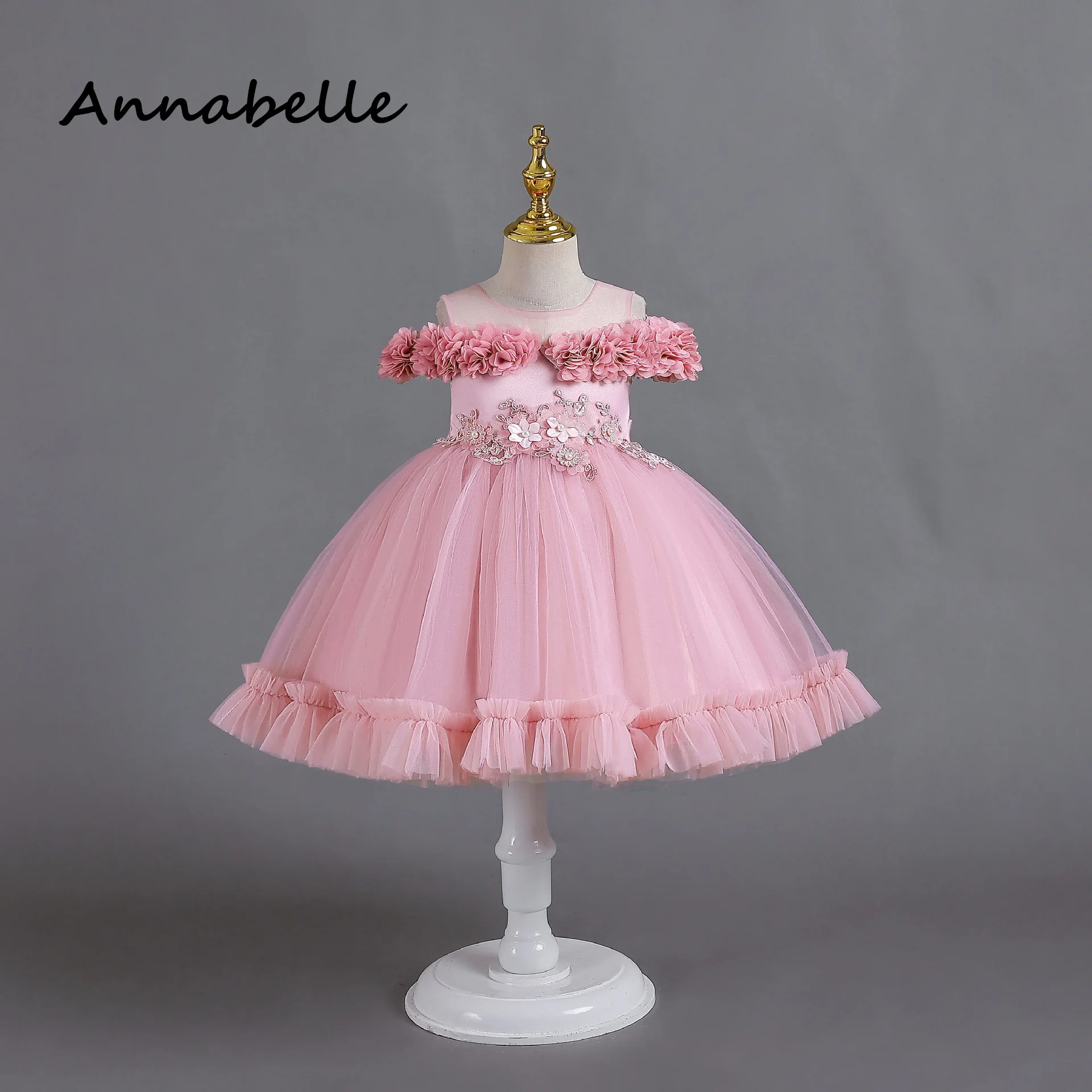 Annabelle flor bebê arco vestido, Vestido de festa de casamento infantil, Vestido de princesa infantil, Vestidos de aniversário do bebê