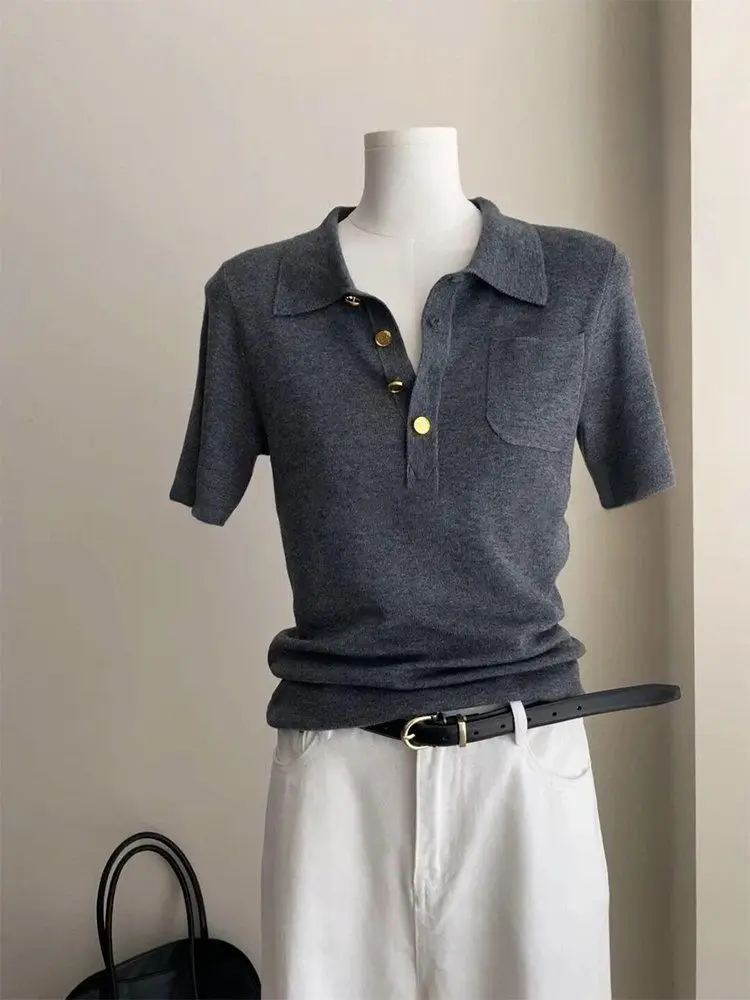 

Luxury French Polo Neck Gray Short Sleeve Knit Top Women Summer High-end T-shirt Button Knitwear Thin Pullover Office Lady Tees