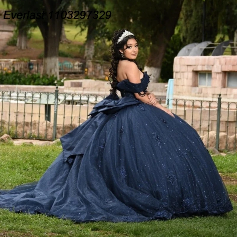 EVLAST Customized Navy Blue Quinceanera Dress Ball Gown Applique Beading With Bow Corset Sweet 16 Vestidos De 15 Anos TQD892