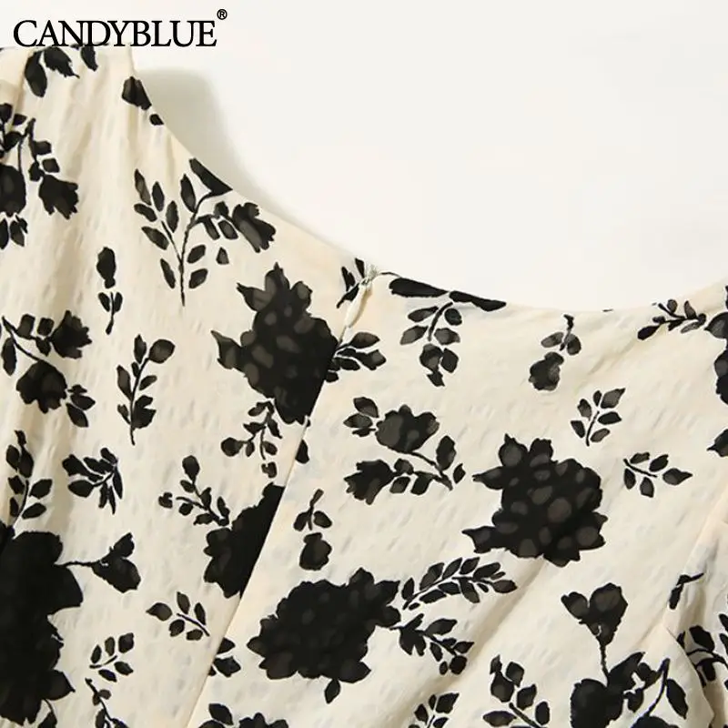 Beige Floral Printing French Square Collar Puff Short Sleeve Women's Dress 2022 Elegant Vintage Mid-Calf Dresses For Women