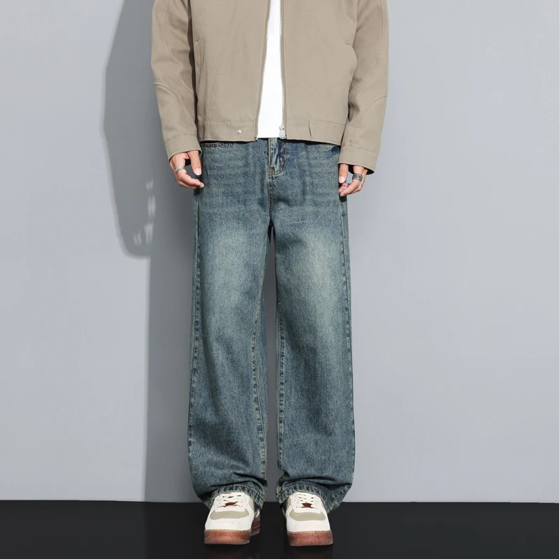 الرجال جينز غير رسمي الخريف جديد الكورية فضفاض بلون بنطلون مستقيم Vintage شخصية الذكور واسعة الساقين الدنيم السراويل