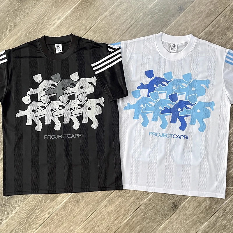 

Streetwear Trend Project Capri Emergency T-shirt Applique Embroidery Print Short Sleeves Casual Breathable Mesh Fabric Tees