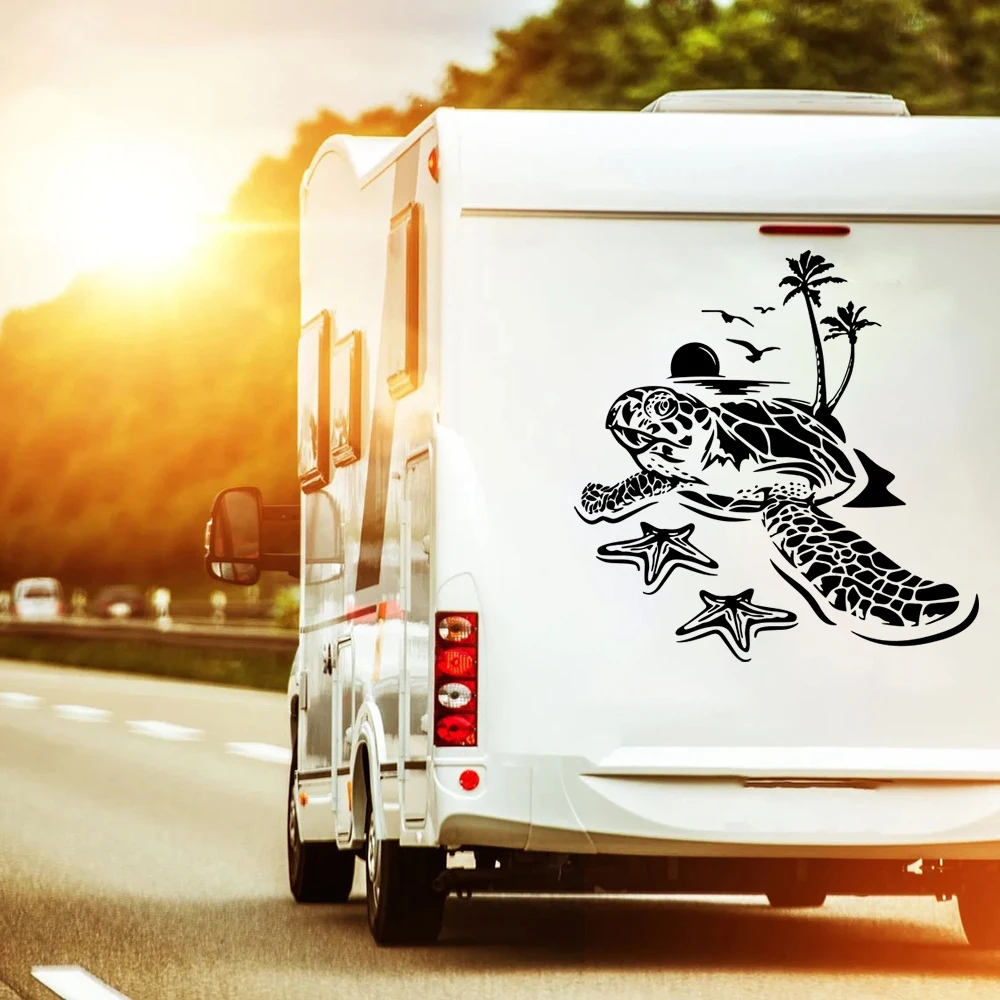 

Современная морская черепаха, пальма, пляжный грузовик, автомобильная наклейка, наклейка для кемпинга, дома на колесах, каравана, виниловый декор