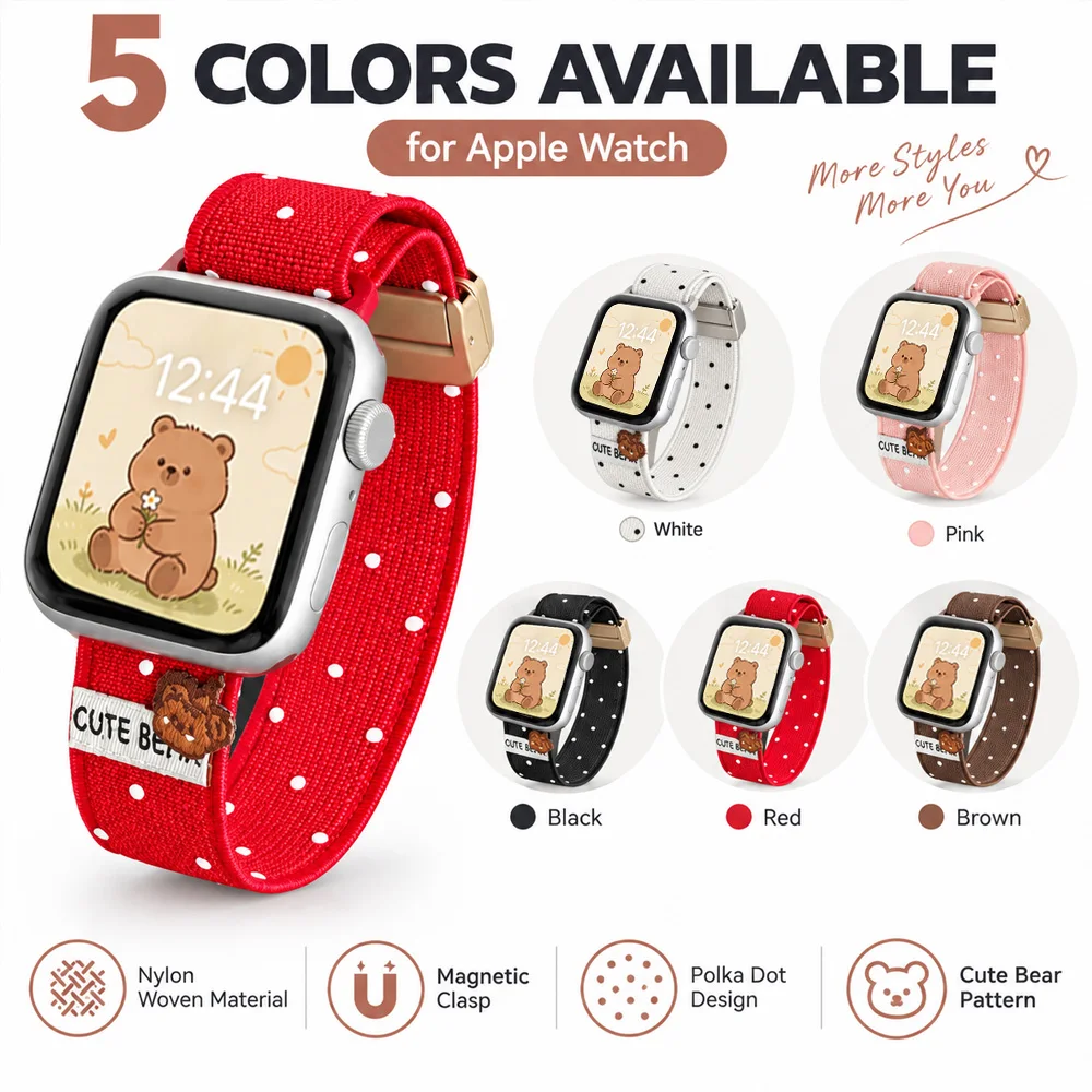Polka-Dot Bear Nylon Strap for Apple Watch Band Ultra4/3 49mm S12 11 42/46mm Magnetic Buckle for iWatch 9 8 7 45 41 44 38 40mm