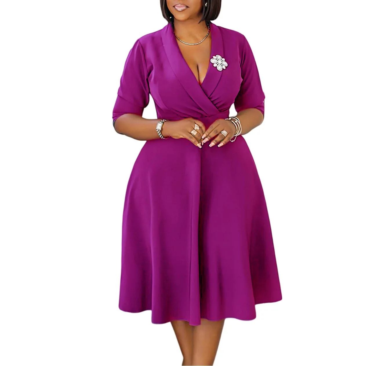 

2026 Dashiki African Dresses for Women Elegant Spring Summer African 3/4 Sleeve V-neck Polyester Midi Dresses Outfits S-3XL