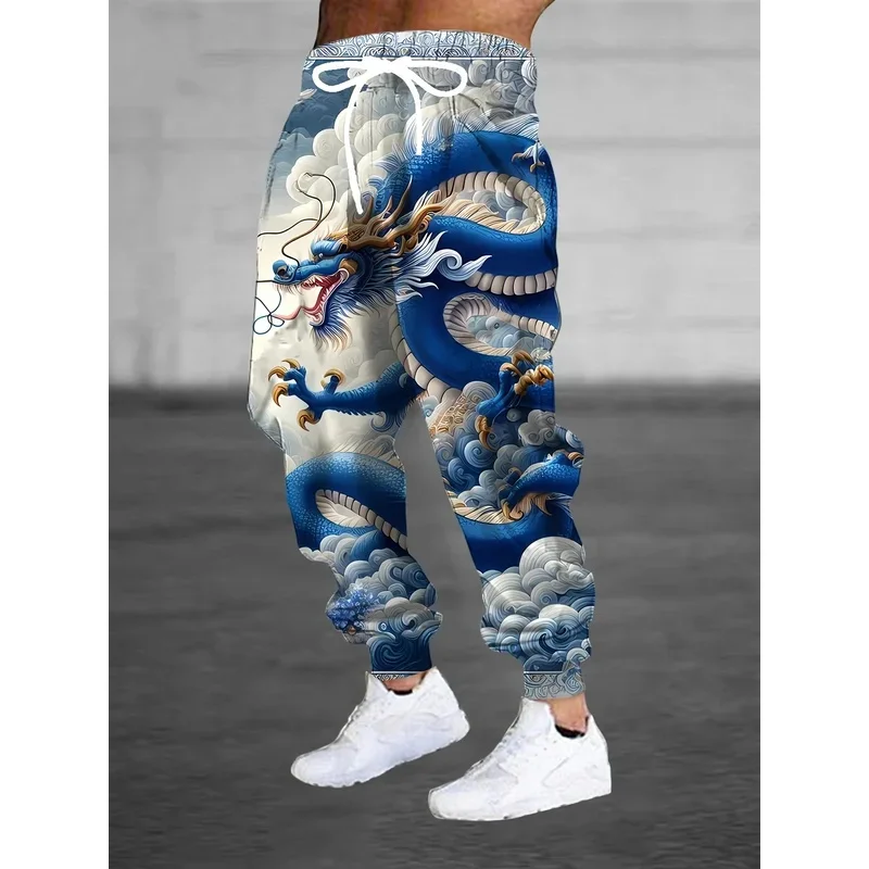 

3D Blue Dragon Prints Street Pants Men's Side Pockets Elastic Drawstring Sweatpants Joggers Pants for Men Casual Trousers Fall