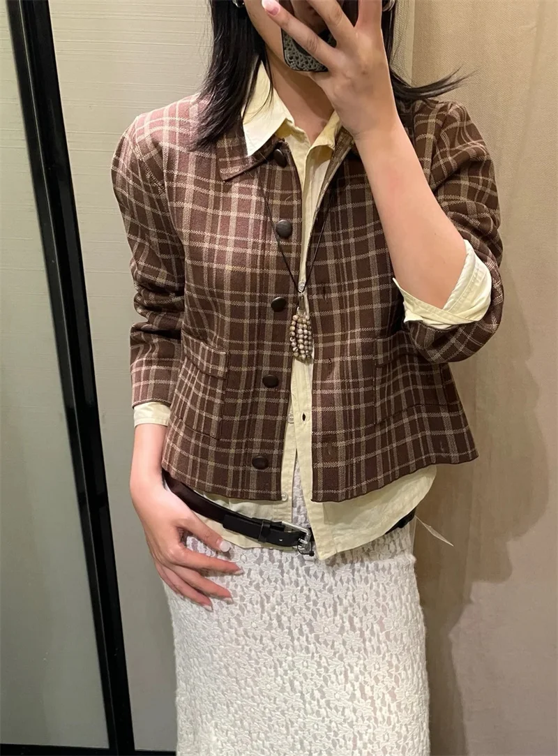 

Женское пальто с клетчатыми лацканами, трикотажная куртка с рукавами три четверти, женский осенний модный повседневный топ