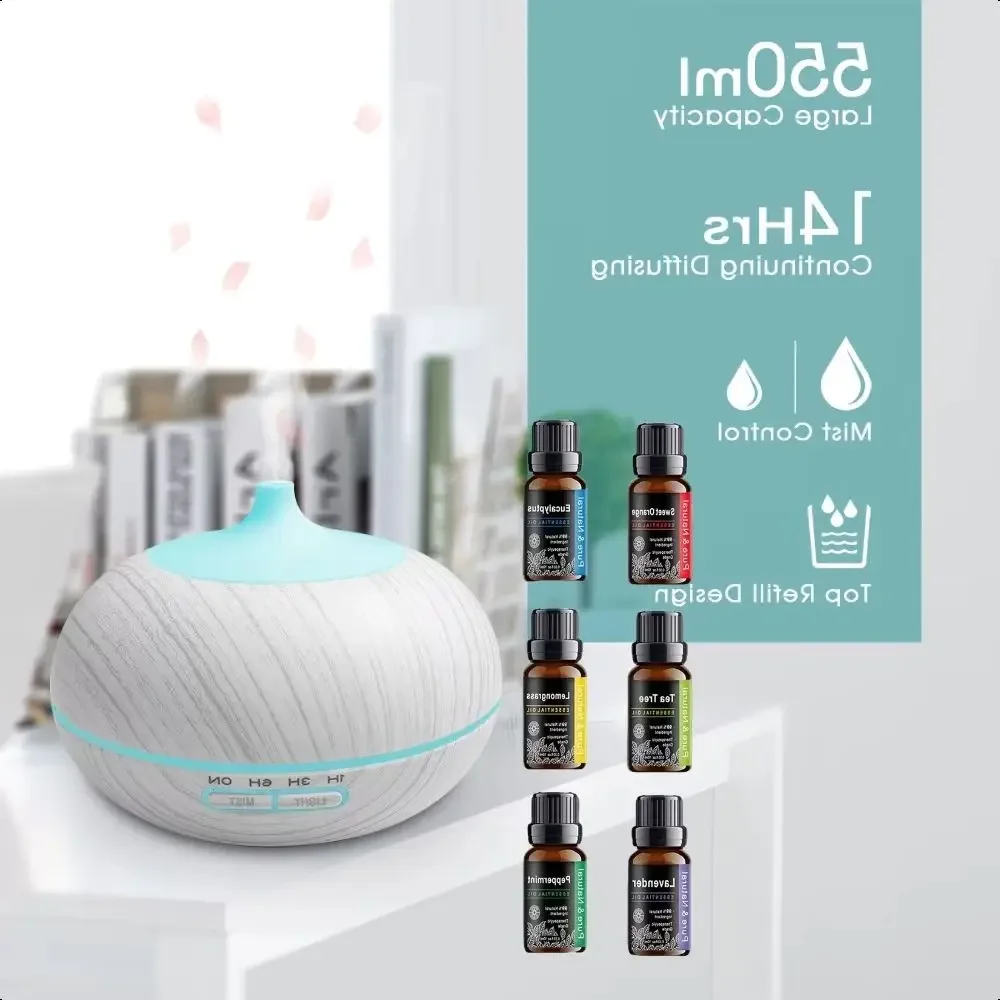 

Роскошный ультразвуковой диффузор класса спа, 550 мл, увлажнитель с дистанционным управлением и деревянной отделкой, 7 цветными светодиодными лампами и 6 бутылками масла