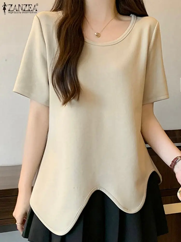 ZANZEA Casual Loose Irregular Hem Blusas Mujer Korean Fashion Women O Neck Short Sleeve Blouses Summer Solid Color T-shirts