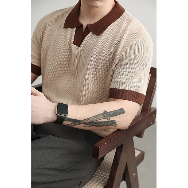 New Trendy Men Breathable Knit Clothes 2026 Spring Summer Classic Turn Down Collar Knitting Top Pullover Short Sleeve Knit shirt
