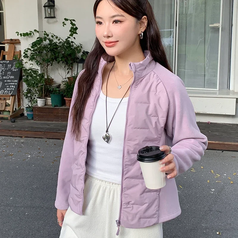 

Vintage Patchwork Thin Cotton-Padded Coat Women Y2K Short Pink Parkas Outerwear New Popular Stand Collar Quilted Jacket