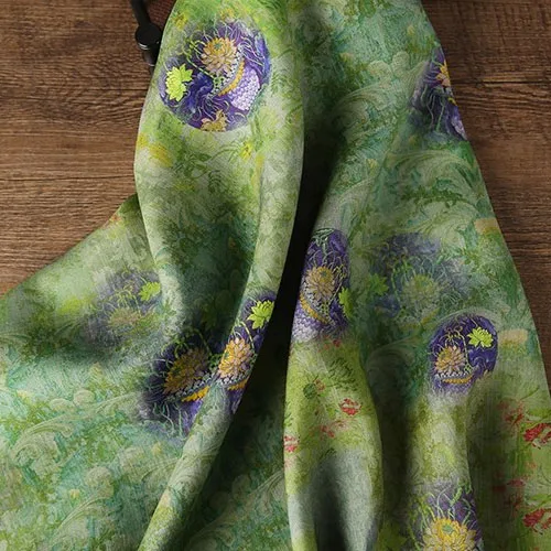 

1 ярд, новая натуральная ткань рами для одежды, фиолетовая цветочная корзина с принтом, шитье юбки, платье, рубашка, сумка, ткань Cheongsam