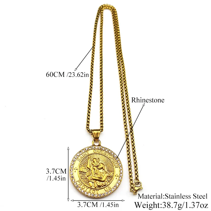 ST.Christopher حمايةنا ميدالية أحجار الراين قلادة سانت كريستوفر الفولاذ المقاوم للصدأ الذهب اللون القلائد المسيحية المجوهرات