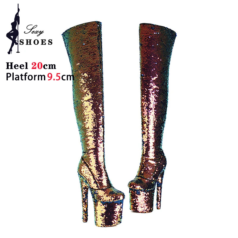 Fetish Long Boots Women Platform Over The Knee Boots  Bling Shiny Sequined Stripper Shoes 8 Inch Extreme High Heels Botas Mujer