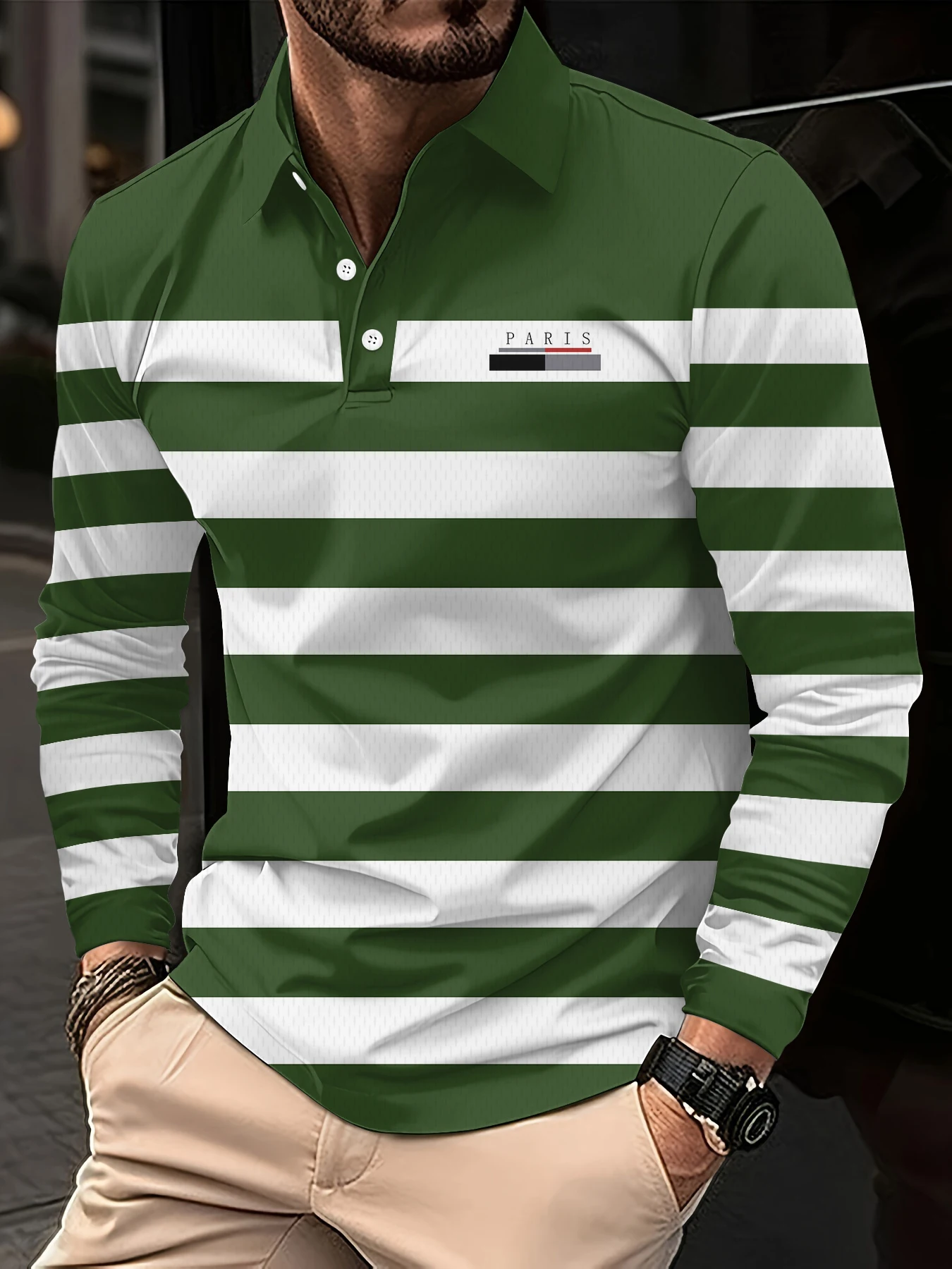 

3D Paris Printed Men's Polo Shirts Autumn Classic Stripes Color Matching New Fashion Turn-down Collar Buttoned Long Sleeve Tops
