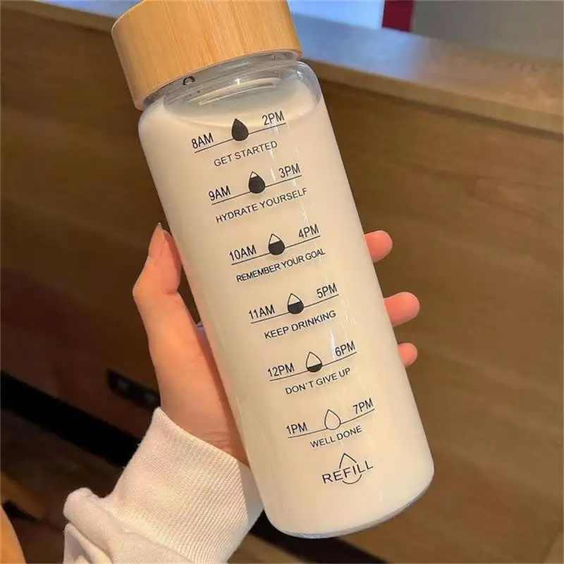 1000ml Large Capacity Glass Water Bottle With Time Marker Cover For Water Drink Transparent Milk Juice Simple Cup Birthday Gift