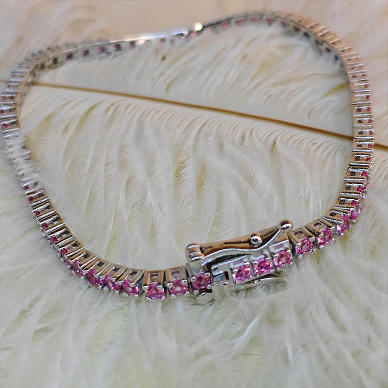 

2MM Tennis Bracelet 925 Silver Pink Zircon Custom Charm 925 Sterling Silver Bracelets