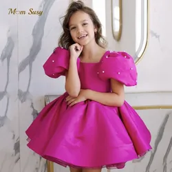 Baby Girl Princess Silk Dress Pearl Beading Puff Sleeve Infant Toddler Child Vestido Wedding Party Birthday Baby Clothes 1-10Y