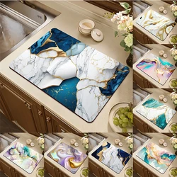 Coffee Maker Mat Marble Print Dish Drying Mat for Kitchen Non-slip Draining Pad Quick Dry Tableware Placemat Dinnerware Washable