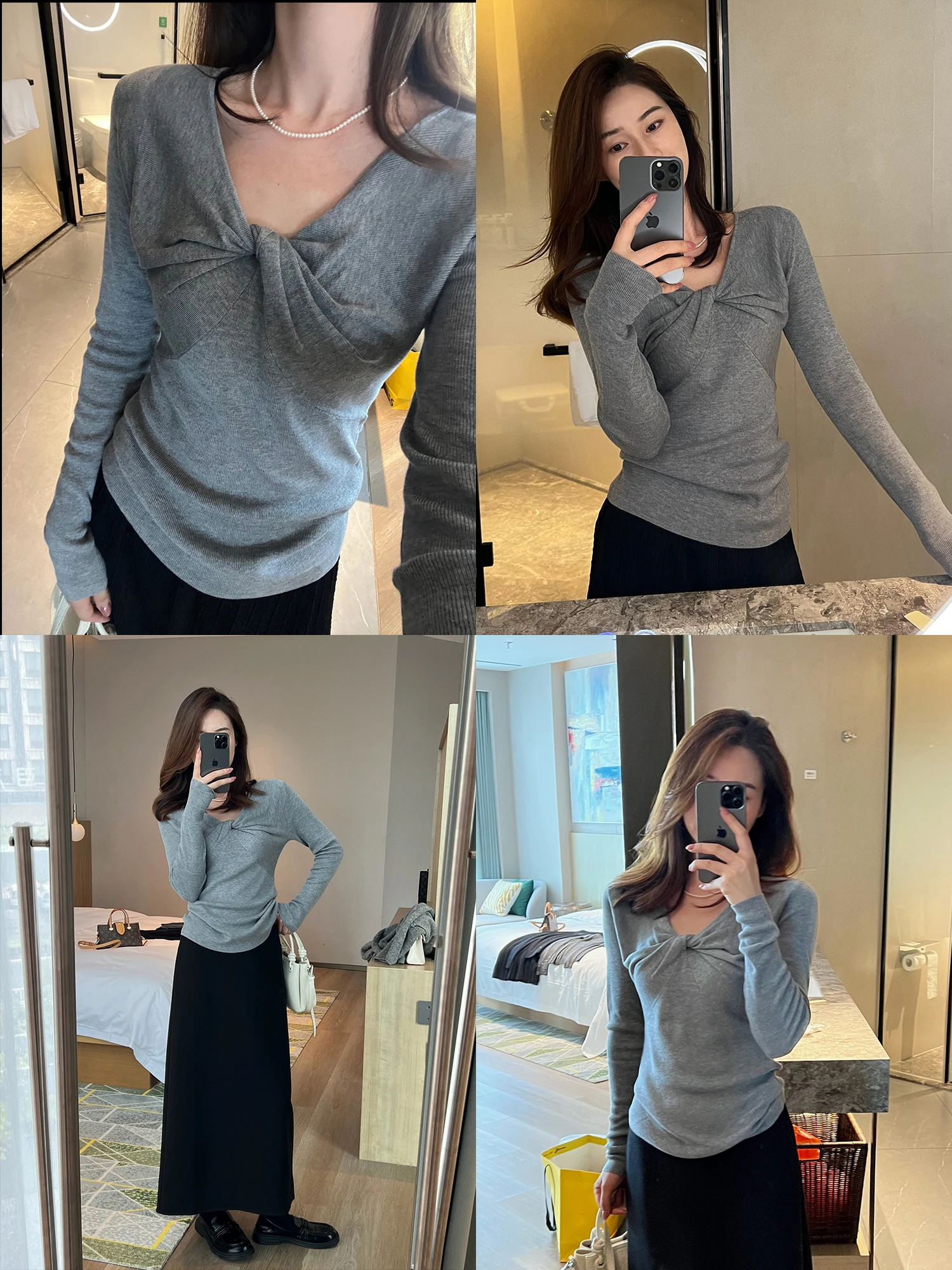 

Женский облегающий вязаный топ Ele Sweet Knot с V-образным вырезом, универсальный, осенняя новинка, с длинным рукавом