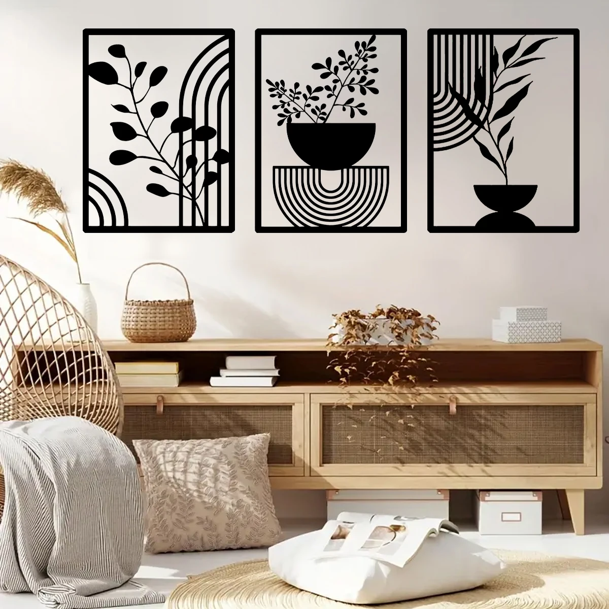 

3pcs Boho Black Plant Simple Line Wall Sticker Vinyl Decal Mural Waterproof Office Corridor Hallway Living Room Bedroom Decor