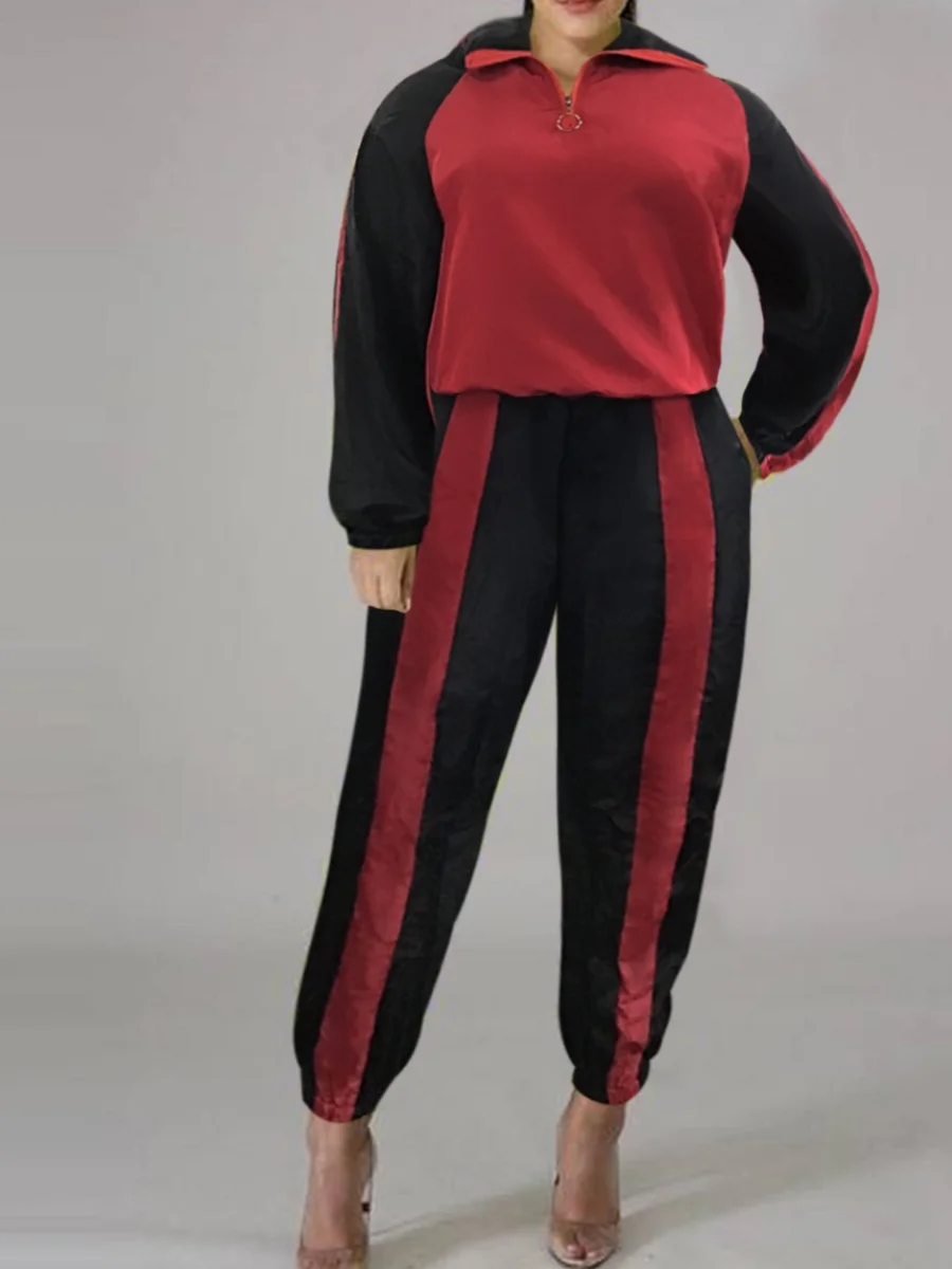 LW Mandarin Collar Striped Patchwork Zipper Pant Casual Plain Long Sleeve Loose Two Pieces Outfit Matching Suit for Women